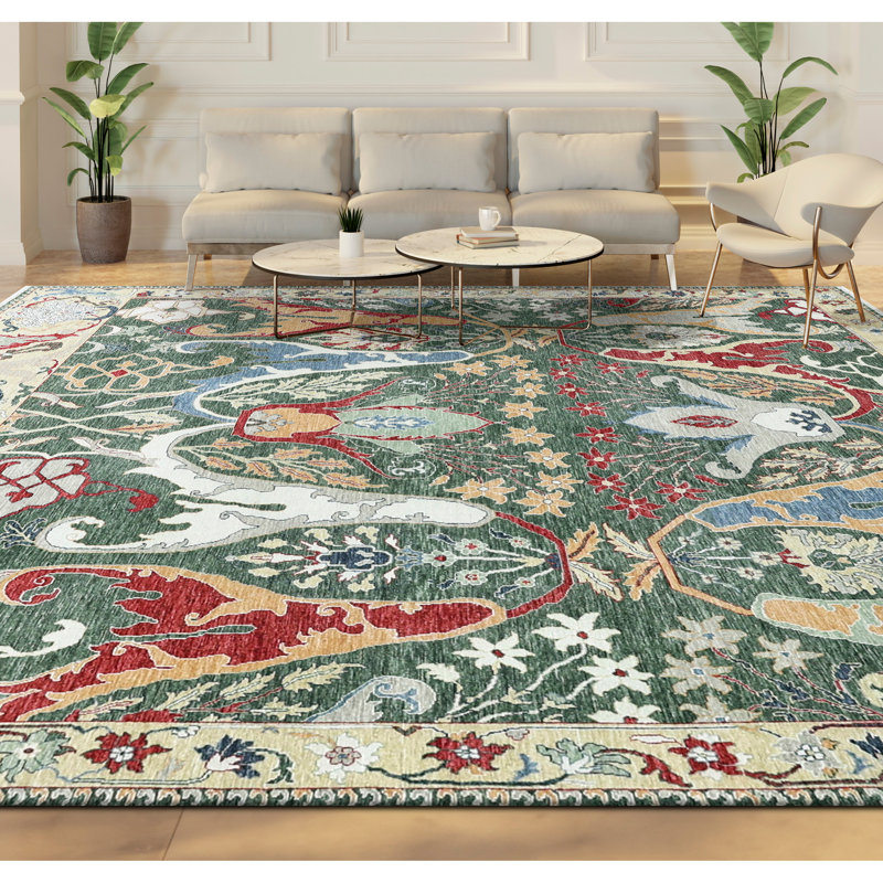 High-Quality Hand-Knotted Green And Gold Area Rug, Rectangle 9' x 12'