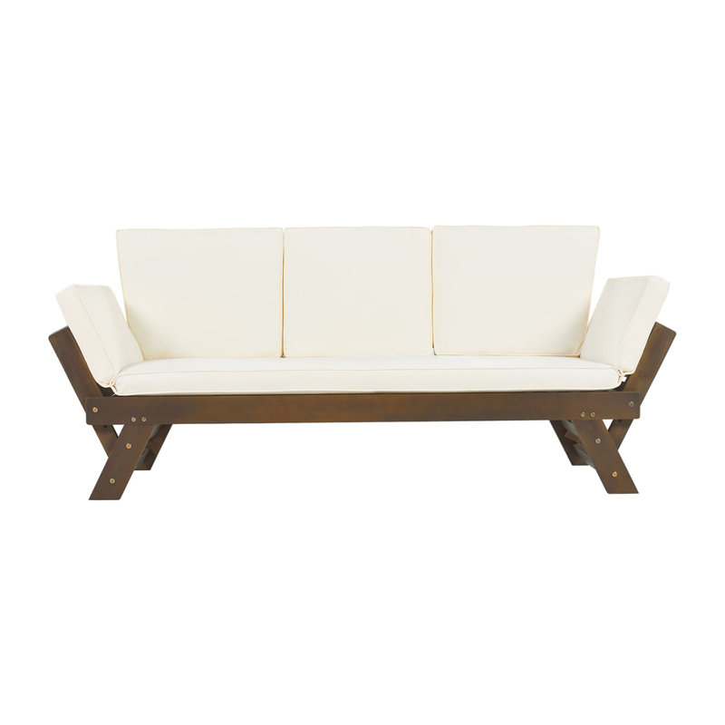 Outdoor Adjustable Patio Wooden Daybed Sofa Chaise Lounge with Cushions for Small Places, Beige