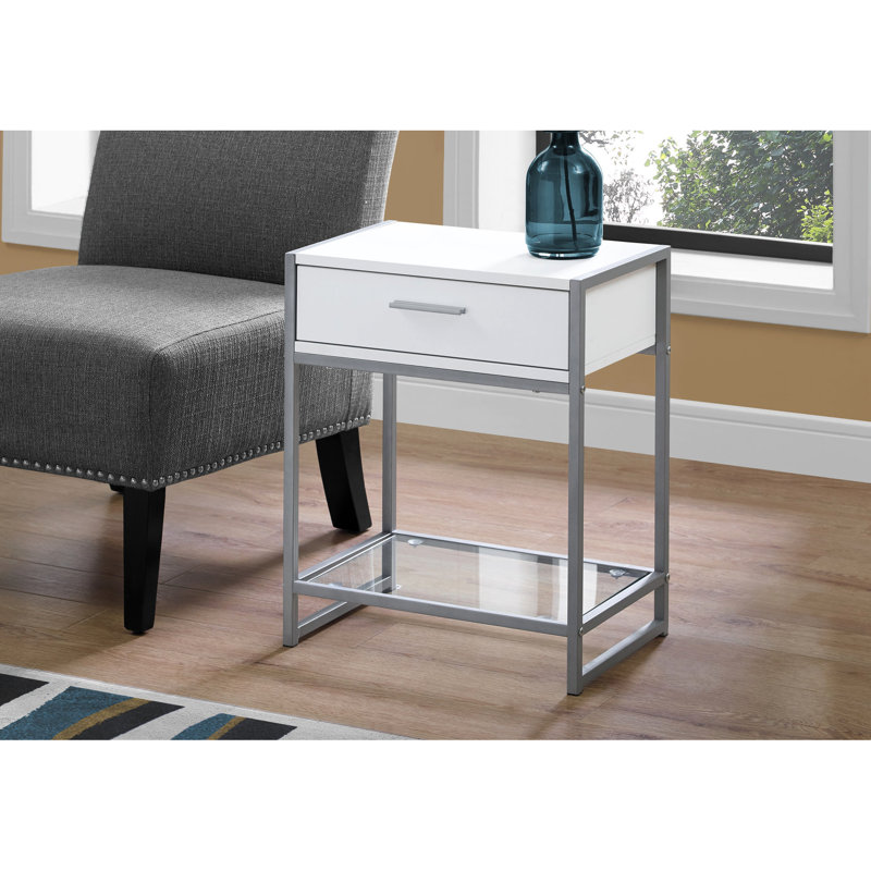 Table d'appoint compacte avec base en métal gris, plateau en stratifié blanc et tiroir décoratif