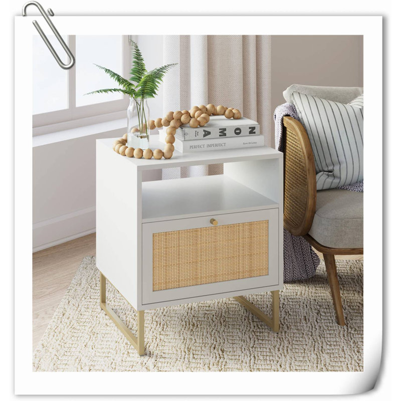 Rattan Side Bedside Table with Storage for Living Room or Bedroom, Blanc / doré, Individuel