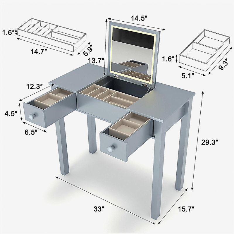 Sleek Grey Vanity Table with LED Lights,Flip-Top Mirror and 2 Drawers,Storage for Women Dressing