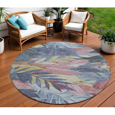 8' Denim Blue And Blush Round Floral Washable Indoor Outdoor Area Rug
