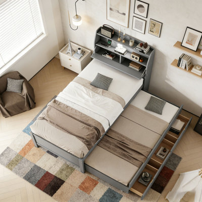 Wooden LED Platform Bed with Trundle, with Storage Headboard, with Drawers