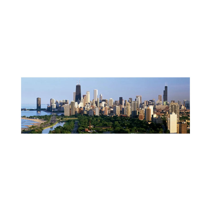 Buildings in a City, View of Hancock Building and Sears Tower, Lincoln Park, Lake Michigan, Chicago, Cook County, Illinois, USA 1 Piece Wrapped Canvas Panoramic Wall Art