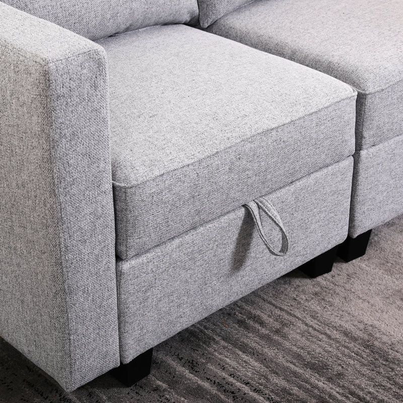 Petit fauteuil modulaire modulaire en forme de L 3 places convertible, 4 sièges, toile de jute gris aube, 87 po de profondeur, 57 po de largeur, 29 po de hauteur, 175 lb de poids, plusieurs configurations de module, rangement pour chaque siège, doux