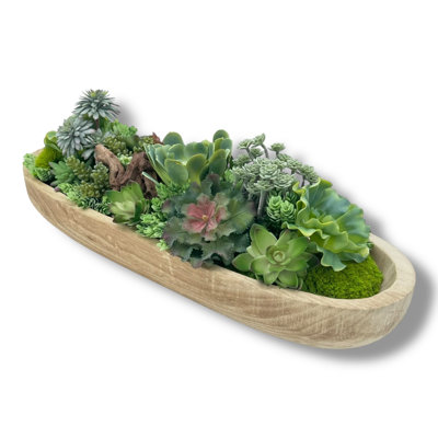 Succulent Design in Natural Elongated Wood Vase
