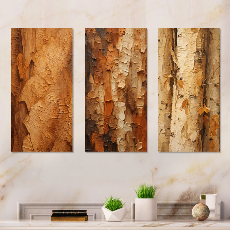 Brown Tree Bark Essence I - Ensemble de 3 décorations murales arbre, H 28 po x l 36 po, Toile tendue