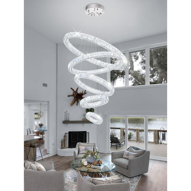 Grand lustre à 5 anneaux, lustre moderne pour hauts plafonds