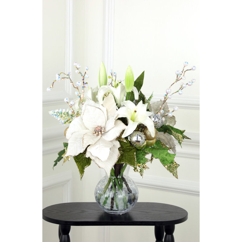 Vase of Poinsettia and Floral, Ivory - 16 Inches