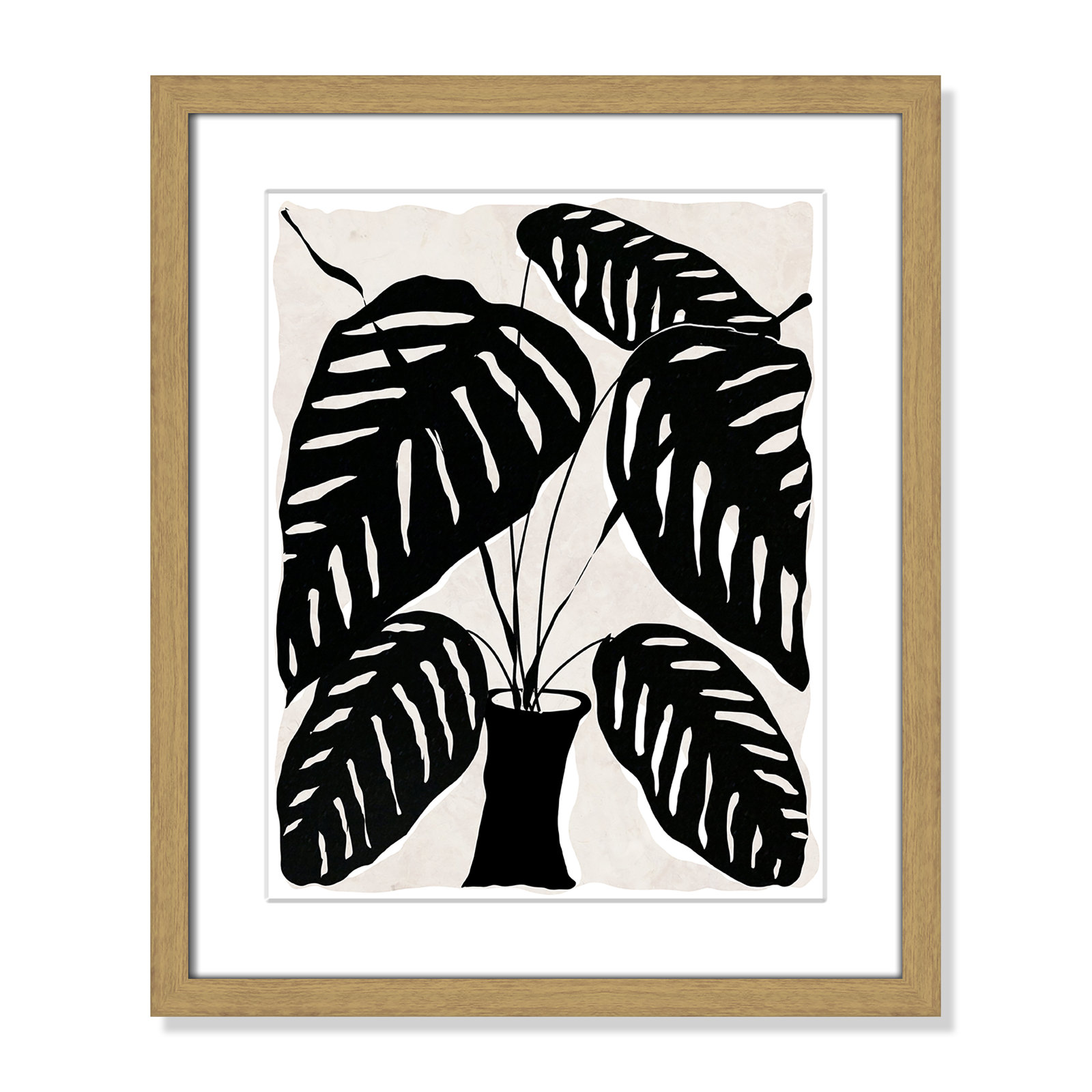 Black and White Potted Plant I Print, 19" H x 16" W x 0.75" D, Natural Framed