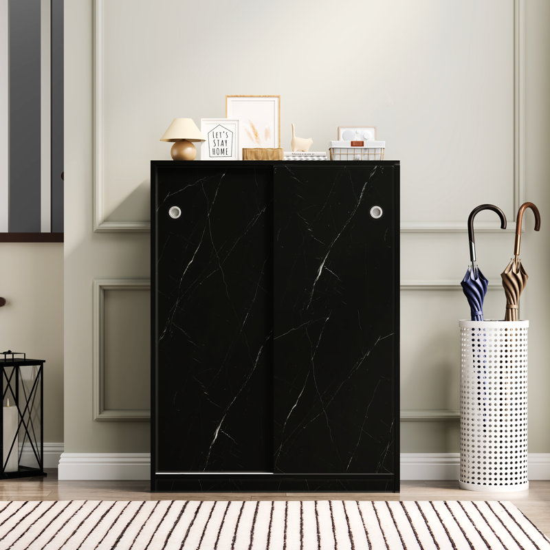 6-Layer Shoe Stand With Black Marble Finish And Sliding Door, Holds At Least 30 Pairs White Cupboard Structure 30+