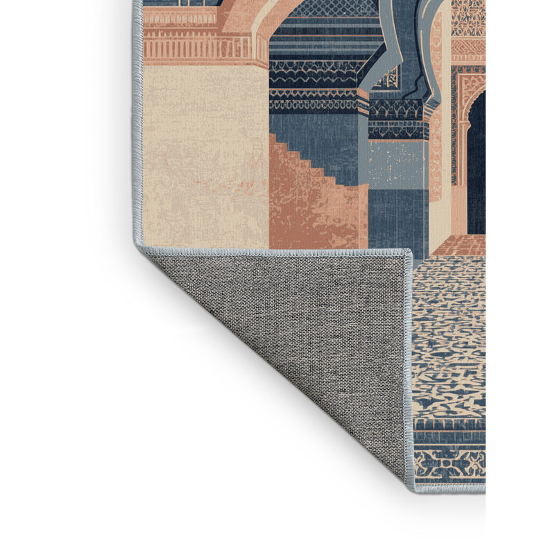 Machine Washable Orsolya Marrakech Medina Bohemian Block Print Rug in Gray – SkyBlue Binding, 5x8
