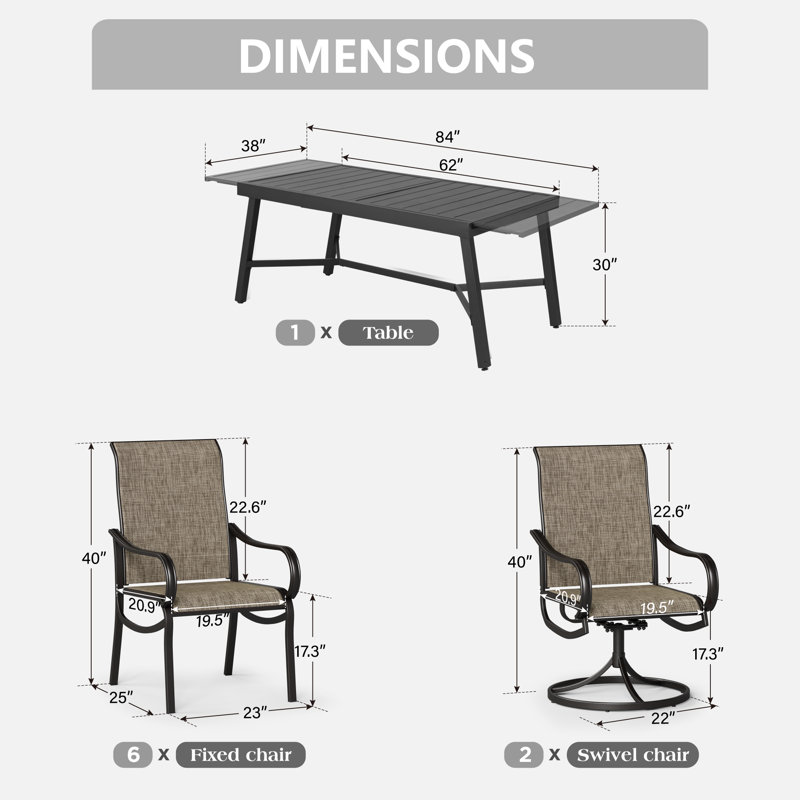 8-Person Patio Dining Set With Expendable Table, 9 Pieces: Table, 8 Sling Chairs