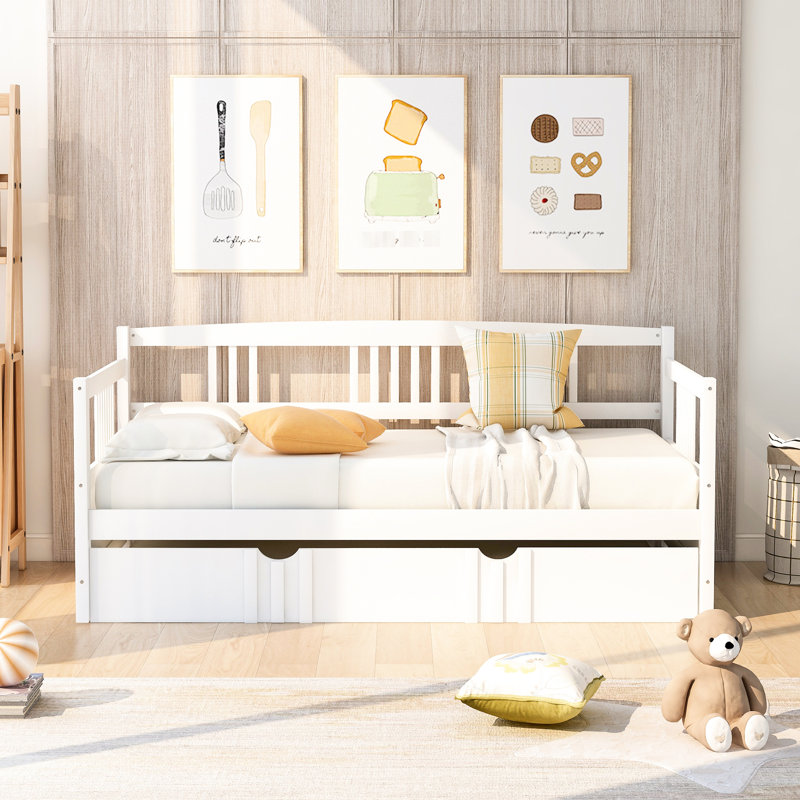 Lit de jour simple blanc avec lit gigogne escamotable, lit gigogne en bois massif, conçu pour l'espace Home Living