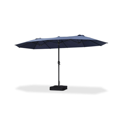 14ft Patio Market Navy Umbrella with Base Double-Sided Rectangle Outdoor Table Sun Umbrellas with Crank 12 Heavy Duty Sturdy Ribs for Pool Beach Deck Backyard