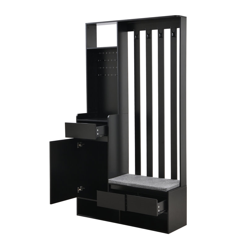 Contemporary Hall Tree Storage With Cushioned Storage Bench, Multifunctional Hallway Shoe Cabinet With Pegboard, Modern Coat Rack With 4 Hooks For Entryway, Mudroom