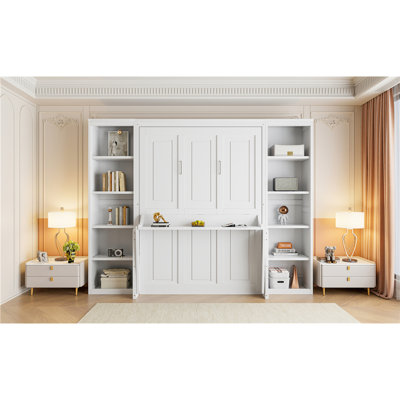 Lit double avec bureau et bibliothèque en blanc