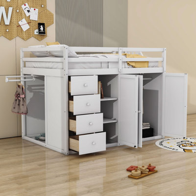 Janasia Wood Full Loft Bed with Cabinet, Wardrobes and Drawers