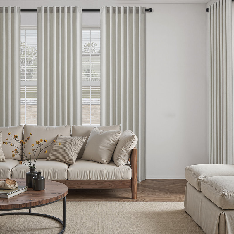 Linen Textured Farmhouse Semi Sheer Window Curtain,Back Tab Hooks Drapes,Pleated Heading Tape (Set of 2 With Hooks), Natural