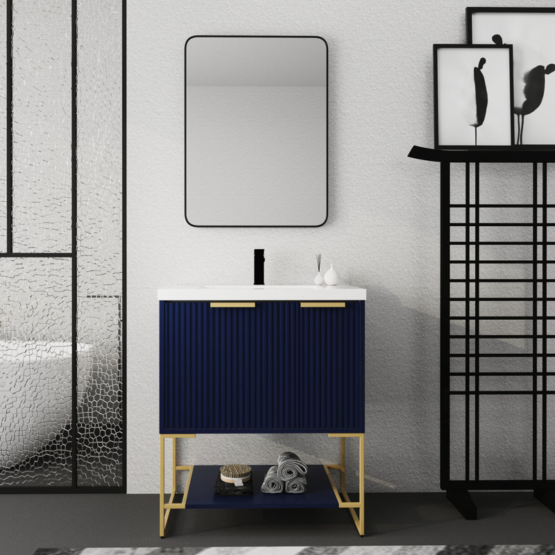 Meuble de salle de bain autoportant 30 po - Lavabo en résine et meuble de rangement stable bleu marine