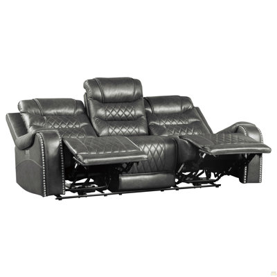 Luxurious Living Room Furniture Gray Breathable Faux Leather Upholstery 1pc Power Double Reclining Sofa with Center Drop-Down Cup Holders, USB Ports, Diamond Pattern Stitching