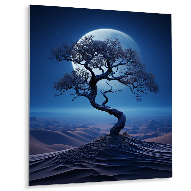 Arbre bleu au clair de lune dans le désert II - art mural désert en métal, H 20 po x l 12 po x P 1 po