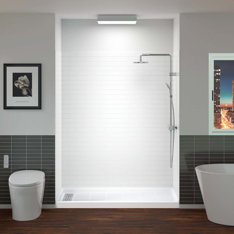 60'' W 75'' H Framed Rectangle Shower Stall, Nickel, White/Brushed Nickel Trim, Left