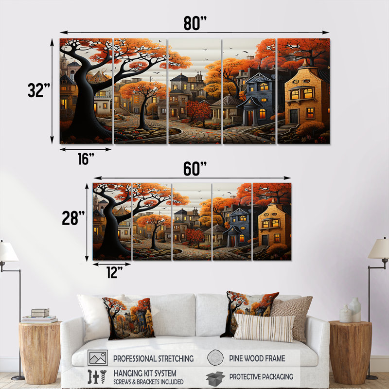 Cozy Village In Autumn Moonlit III - City Art Deco, art mural 5 pièces, H 32 po x l 80 po