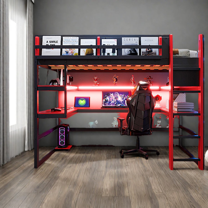 Lit mezzanine multifonctionnel en bois avec rangement, conception moderne pour salle de jeux