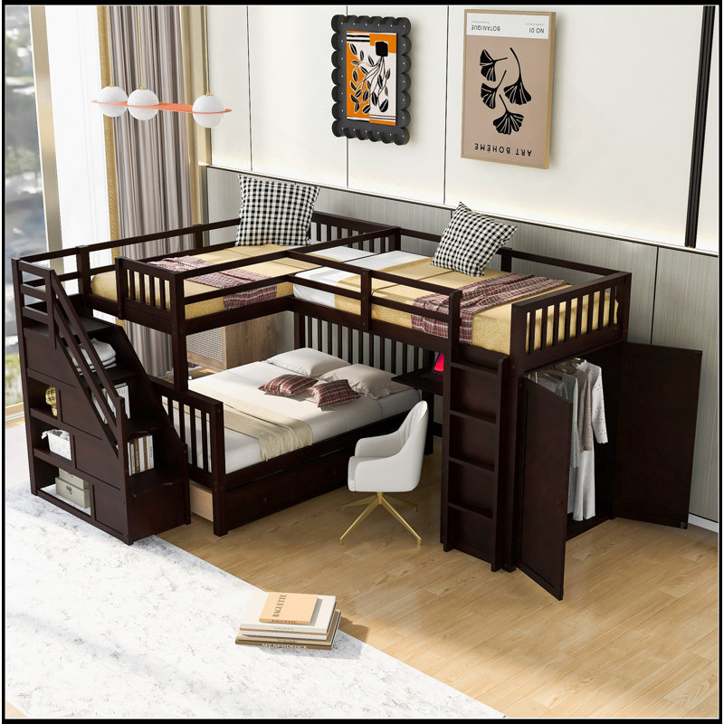 Lit superposé polyvalent en forme de L avec de multiples fonctionnalités pour les familles en pleine croissance, Espresso