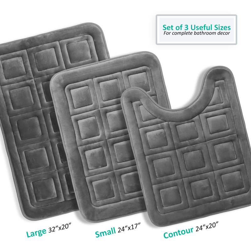 3 Piece Ultra Soft Absorbent Memory Foam Waffled Bath Rug Set, Charcoal Stone Gray
