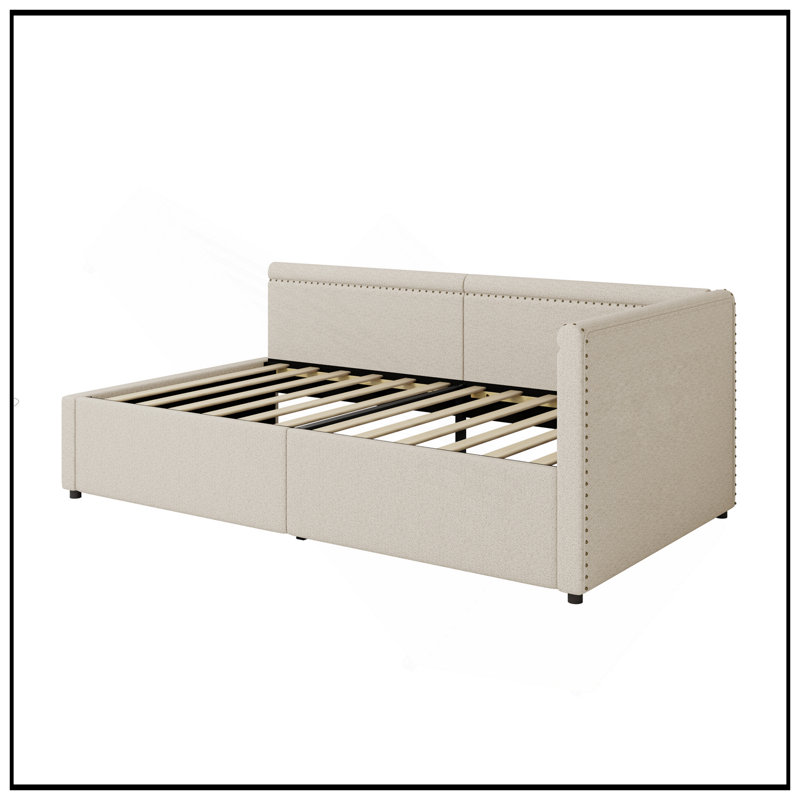 Modern Style Twin Size L Shape Corner Bed, Linen Upholstered Daybed With Two Storage Drawers For Space Efficiency, Beige