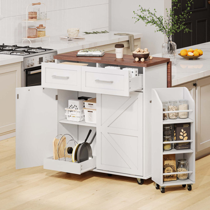 Îlot de cuisine 47,2 po avec abattant, supports latéraux amovibles, 2 tiroirs et porte-serviettes 47,2 po, Blanc
