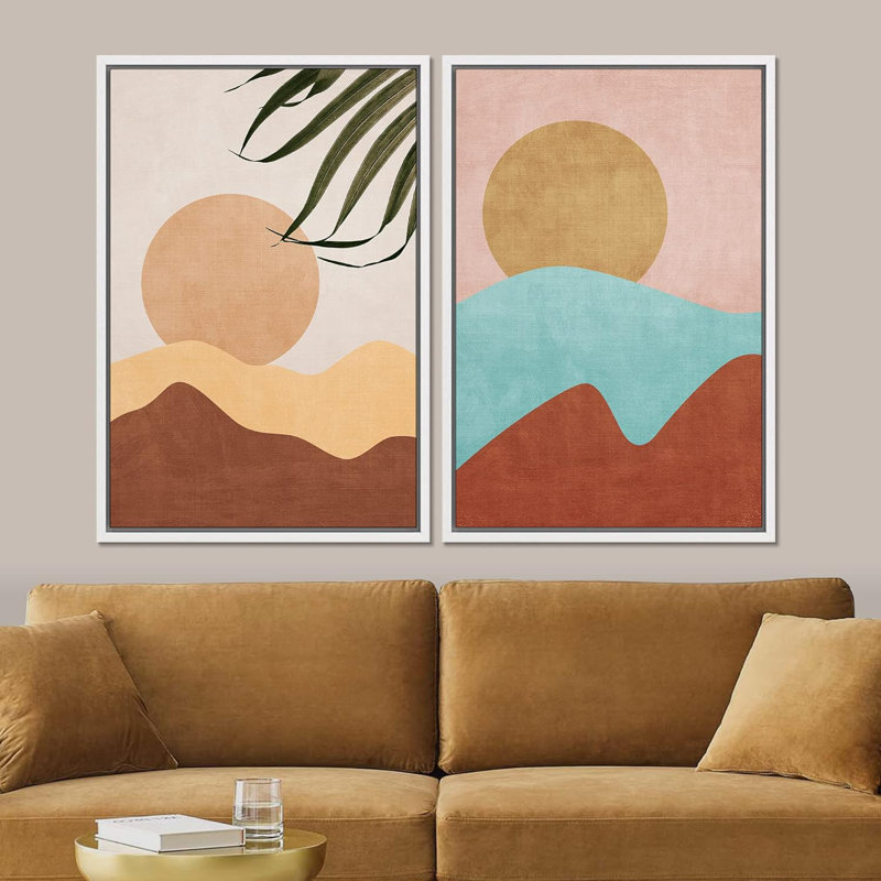 «Vibrant Retro Mid-Century Mountains Abstract Shapes», art moderne, décoration murale, style bohémien zen, Blanc