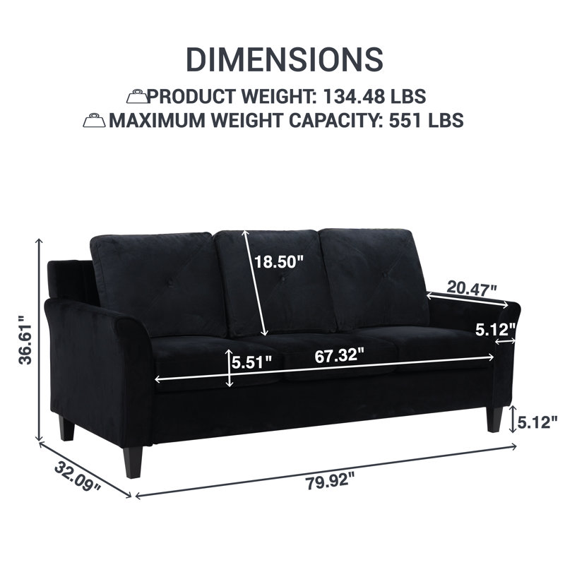 Tamas 79-inch Sofa Couch, Modern Upholstered Button Tufted Sofa Couch, Sofa for Living Room, Black Microfiber/Microsuede