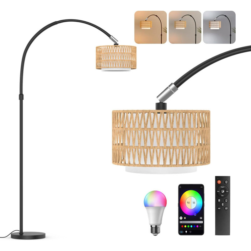 Arc Floor Lamp With Remote Control, Dimmable LED Floor Lamp With  Temperature, Standing Lamp With Rattan & Fabric Double Drum Shade, Boho Farmhouse Tall Floor Lamp For Living Room Bedroom