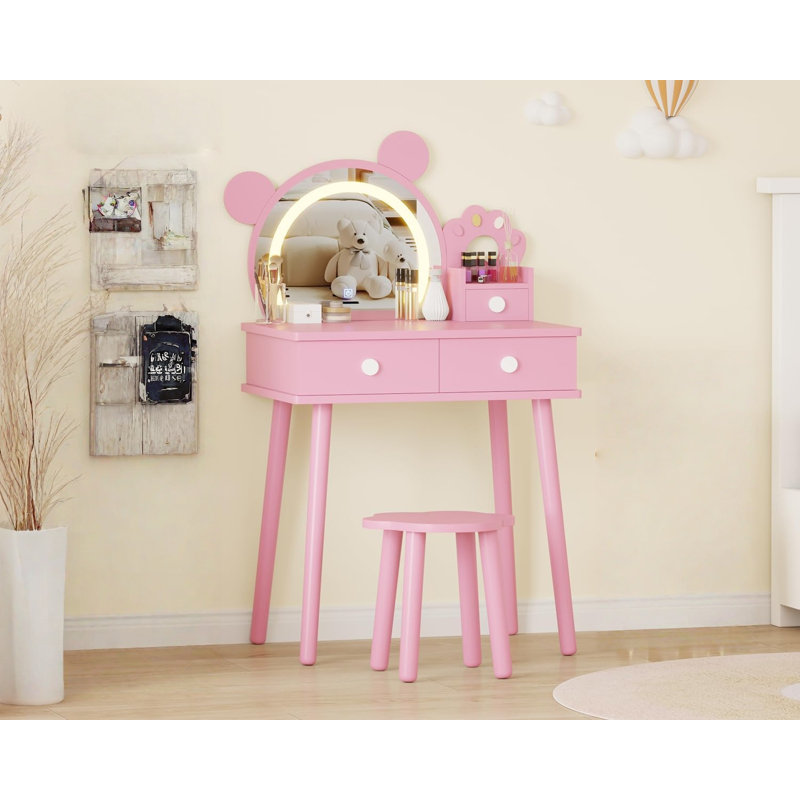 Kids Vanity Table with Lights,Cute Bear-Shaped Dressing Tables with Mirror&Storage Drawers,Wooden Princess Toddler Make Up Table Set,Pretend Play Vanity Sets for Little Girls