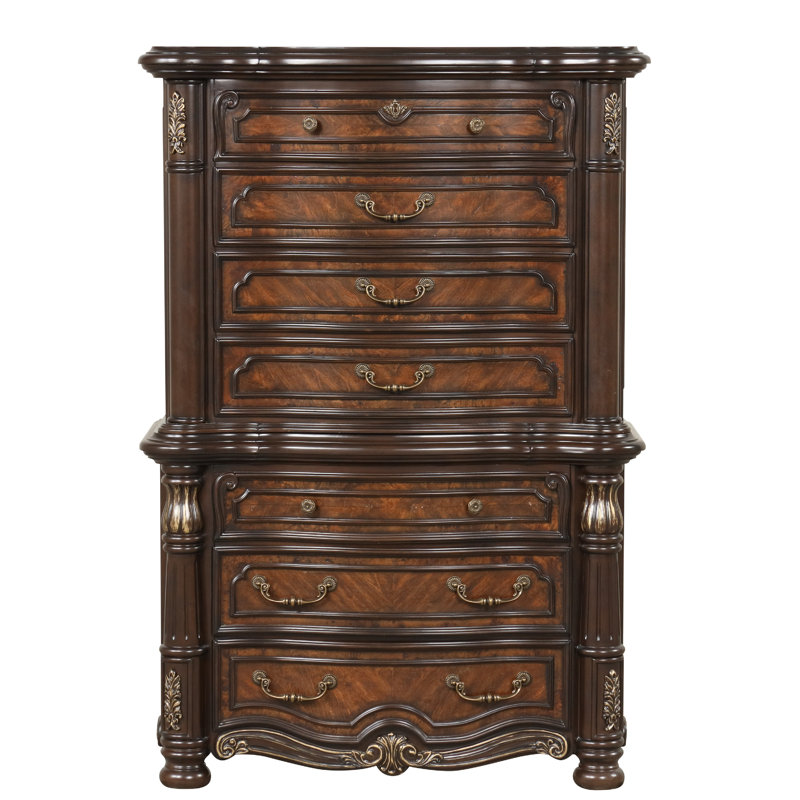 Commode haute Ruth avec incrustations de ronce, 7 tiroirs, bois brun acajou