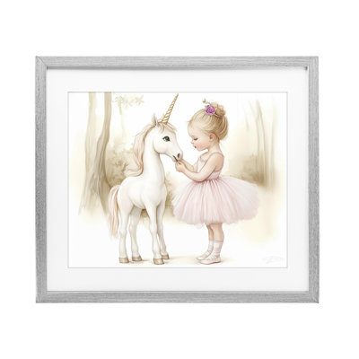 Girl & Unicorn Friendship Framed Print Under Glass, design by Whimsical Wonders
