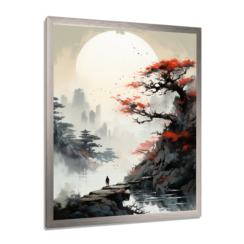 «Asian Art Samurais Landscape III», reproduction d'art sur toile asiatique, H 32 po x l 16 po x P 1 po, Cadre simple argenté