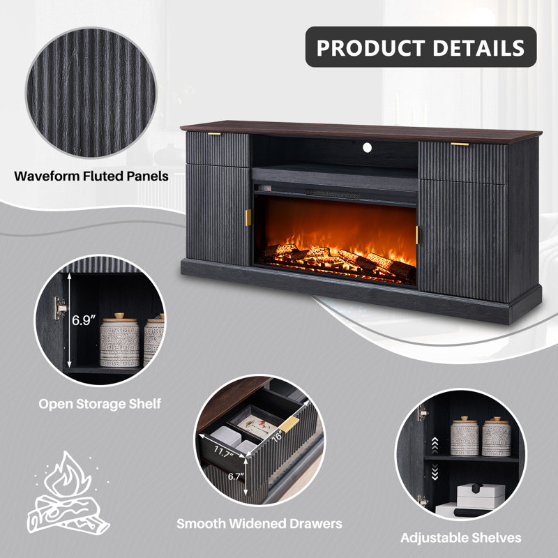 70 inch TV stand with grooved fireplace, adjustable and equipped with drawers, featuring overheat safety protection device