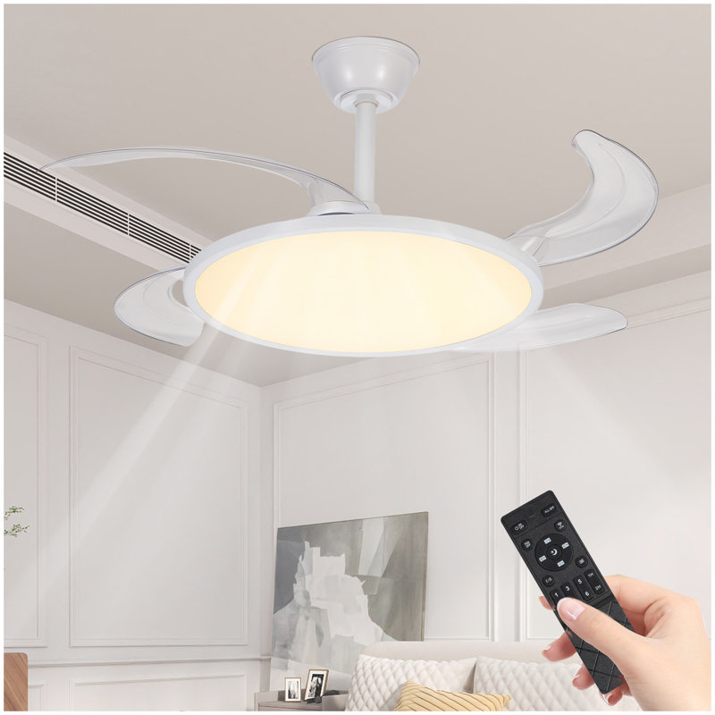Ventilateur de plafond rétractable de 42 pouces, ventilateur de plafond à profil bas avec lumière et télécommande, ventilateur noir moderne avec pales rétractables pour la salle à manger salon chambre à coucher, à intensité variable, minuterie