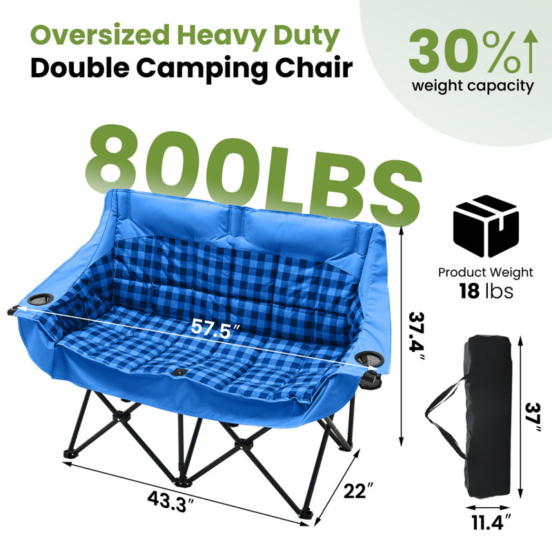 Oversized Double Camping Chair, Folding 2 Person Camping Chair, Fully Padded Chair with Carrying Bag, Blue Grid