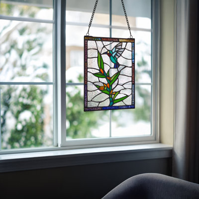 10"H Happy Hummingbird Stained Glass Window Panel