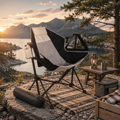 Chaise berçante inclinable pliable avec appui-tête, porte-gobelet, sports de plein air, plage, pelouse, chasse, transat, pêche, noir