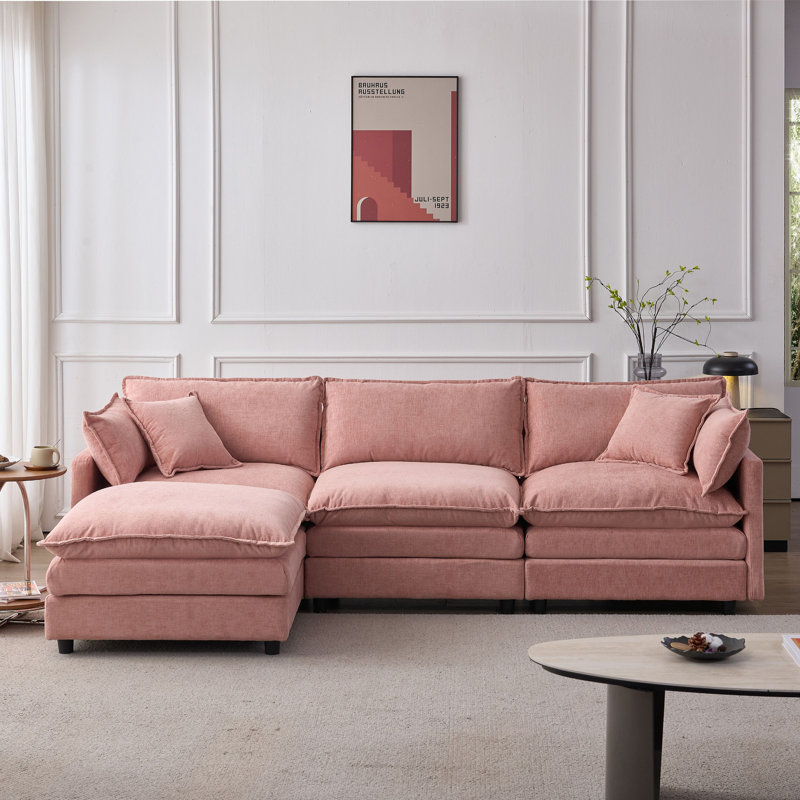 Canapé modulaire 105 po, canapé 3 places avec repose-pieds en tissu de chenille doux 105 po, Rose