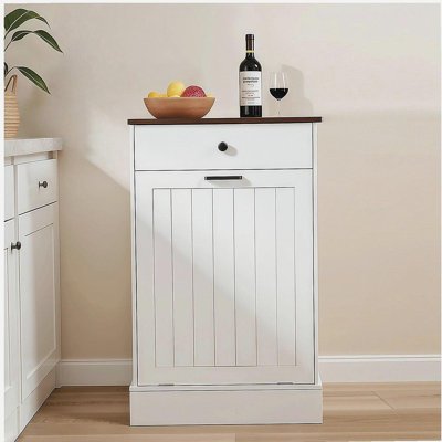 Armoire à poubelle inclinable, armoire à poubelle cachée en bois avec tiroir, armoire à ordures autoportante pour la cuisine, armoire à linge de style campagnard 10 gallons pour la cuisine, le salon (blanc)