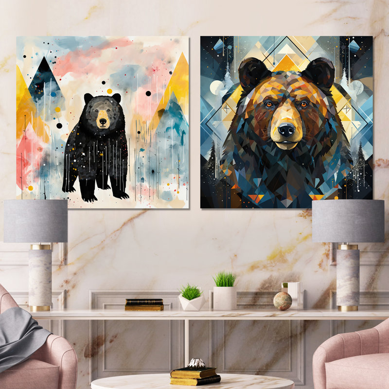«Creative Grizzly Bear Landscape I» - Ensemble de 2 décorations murales carrées en métal, H 16 po x l 32 po