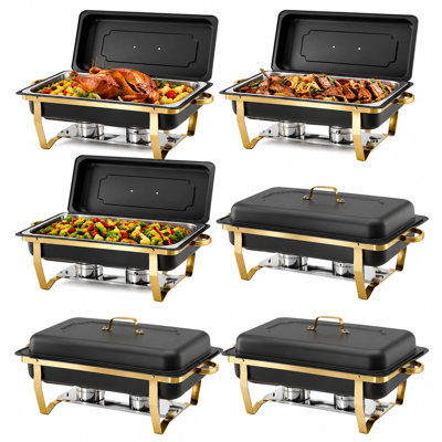 Chafing dish carré de luxe noir et or 9 QT – Chauffe-plats en acier inoxydable avec support plaqué or, idéal pour les mariages, les hôtels, les traiteurs et les événements extérieurs, ensemble de 6