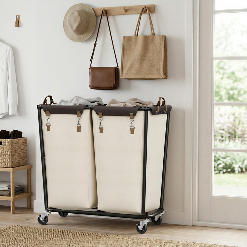 Chariot à linge 2 sections, chariot à roulettes très grand 330 L, beige, Beige